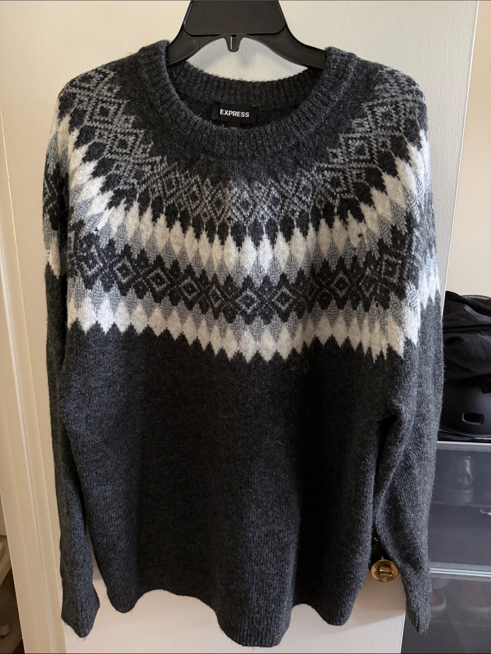 Express Charcoal Crewneck Sweater with White & Light Gray Fair Isle